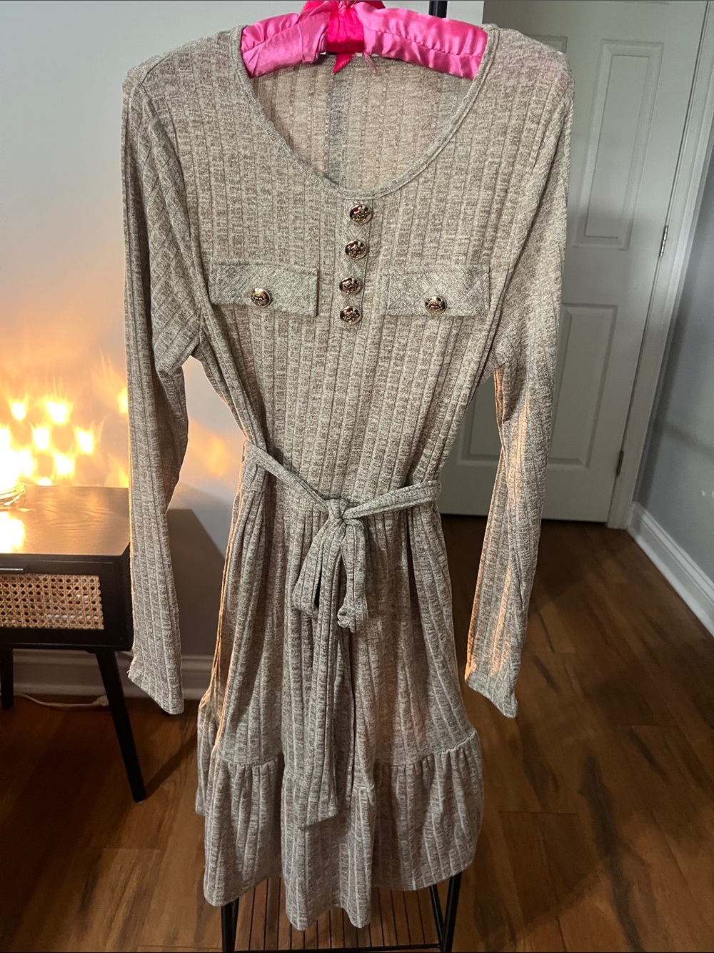 Ribbed Knit Long Sleeve Belted Dress in Taupe